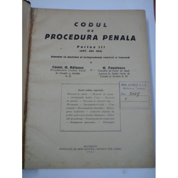 CODUL  DE  PROCEDURA  PENALA  (partea III)  -  Const. G. Ratescu;  N. Pavelescu